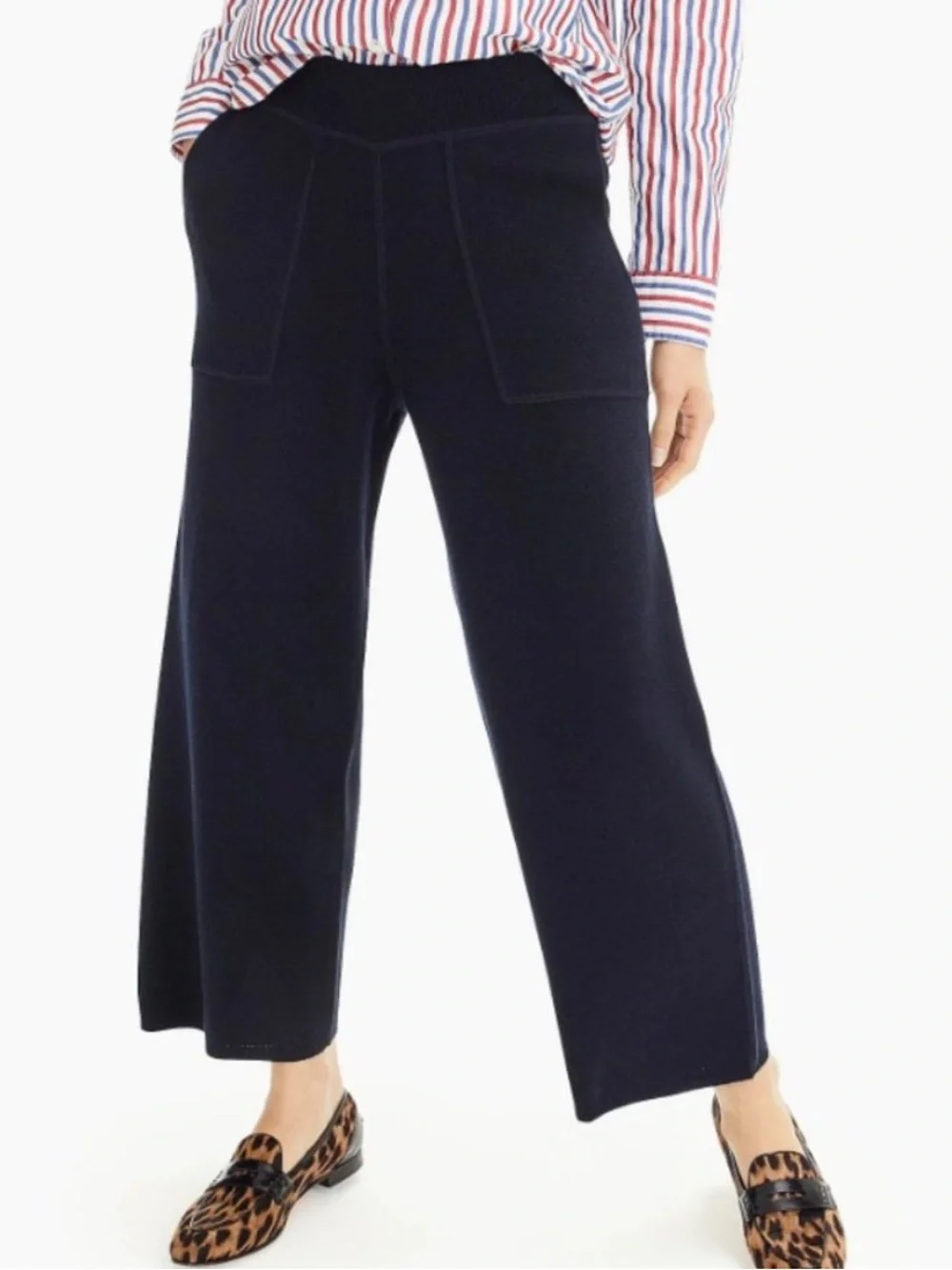 J Crew Collection Black Wool Cotton Cropped Wide Leg Pull On Knit Pants Medium